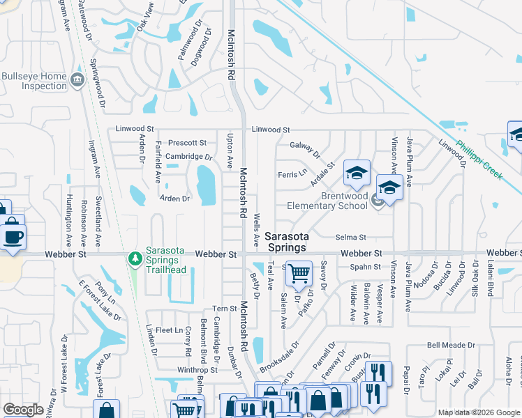 map of restaurants, bars, coffee shops, grocery stores, and more near 2524 Teal Avenue in Sarasota