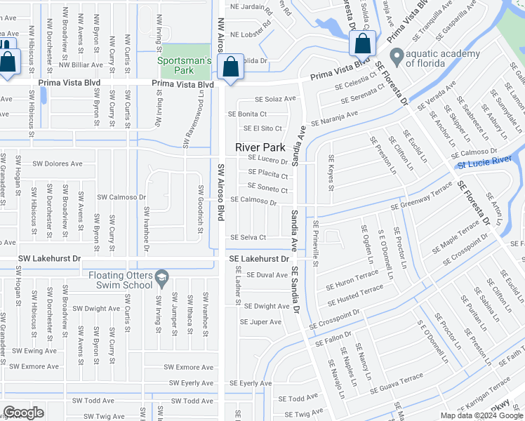 map of restaurants, bars, coffee shops, grocery stores, and more near 824 Southeast Tierra Court in Port St. Lucie