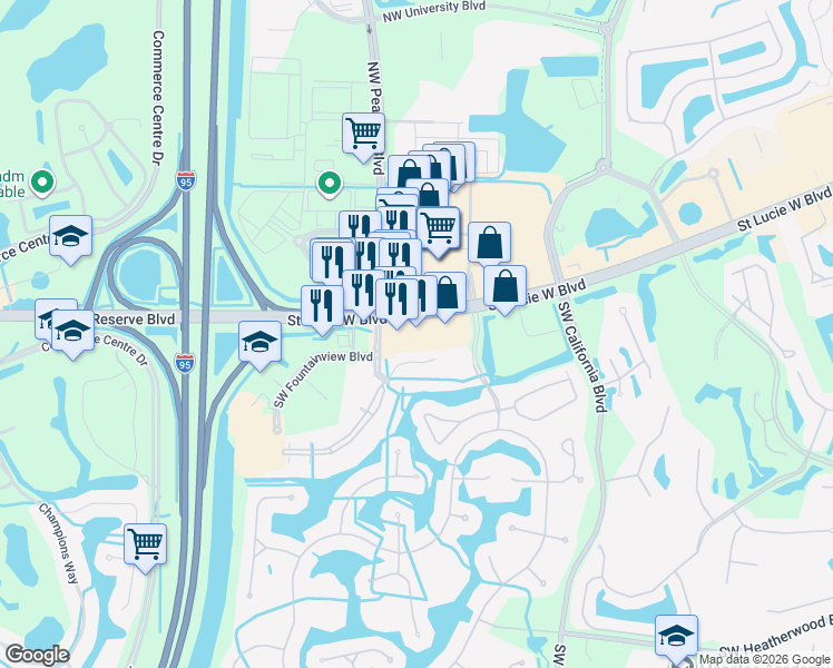 map of restaurants, bars, coffee shops, grocery stores, and more near 1750 SW St Lucie W Blvd in Port St Lucie