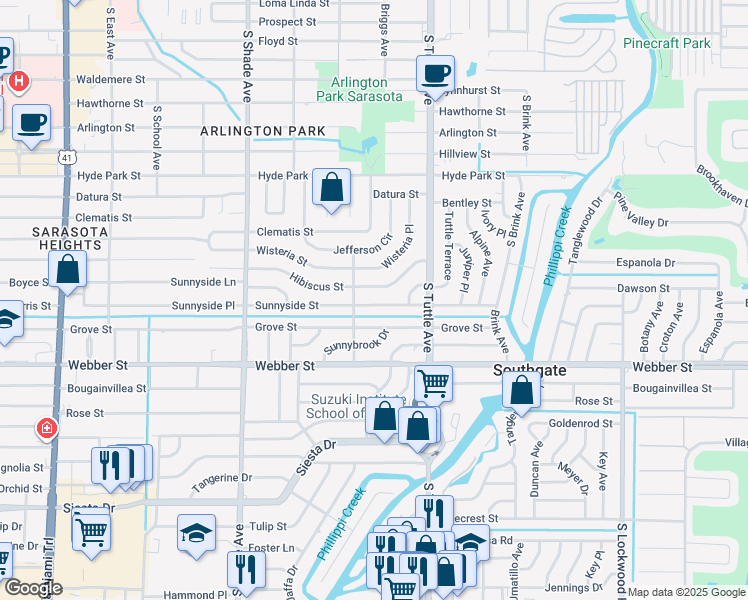 map of restaurants, bars, coffee shops, grocery stores, and more near 2618 Sunnyside Street in Sarasota
