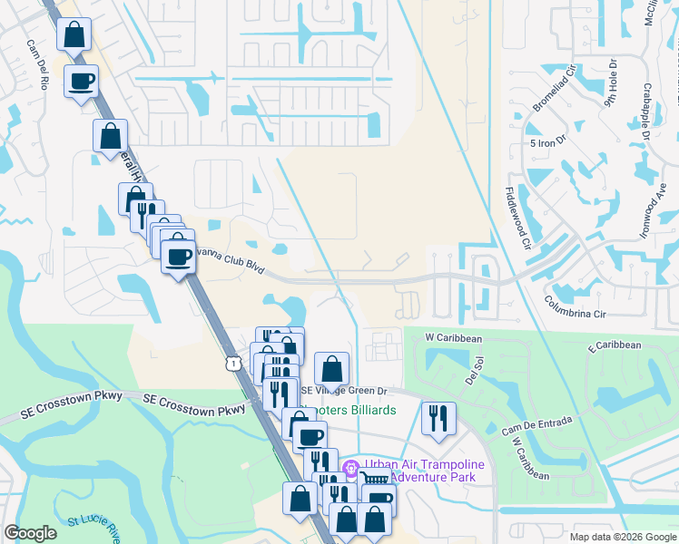 map of restaurants, bars, coffee shops, grocery stores, and more near 1881 Bella Vista Way in Port St. Lucie