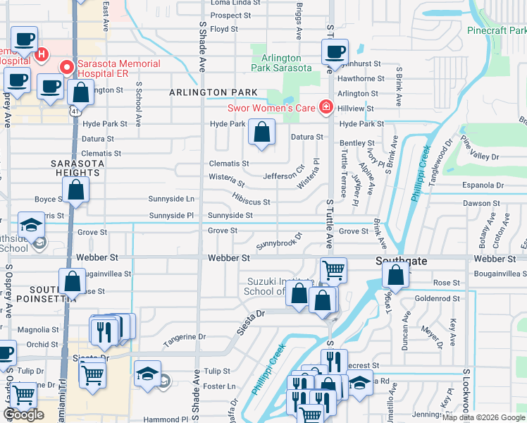 map of restaurants, bars, coffee shops, grocery stores, and more near 2573 Sunnyside Street in Sarasota