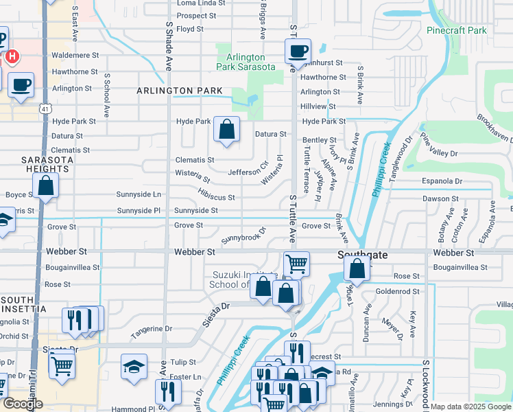 map of restaurants, bars, coffee shops, grocery stores, and more near 2619 Sunnyside Street in Sarasota