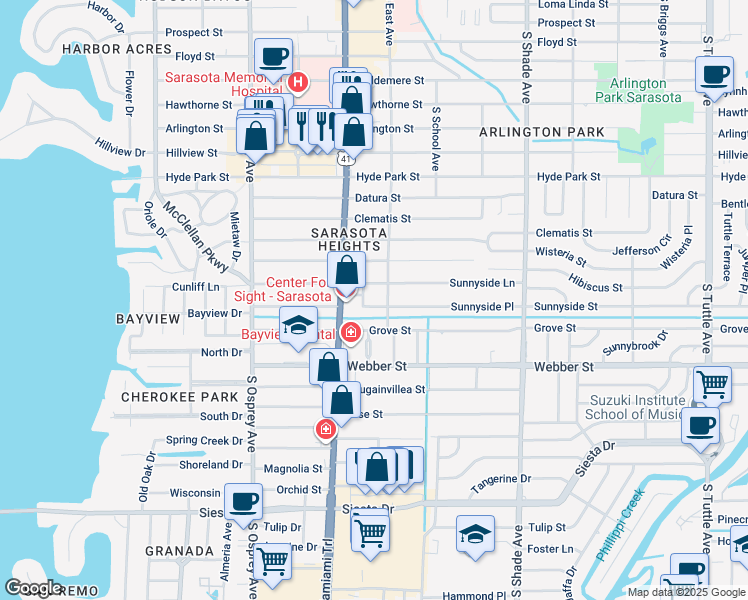 map of restaurants, bars, coffee shops, grocery stores, and more near 2060 Sunnyside Terrace in Sarasota