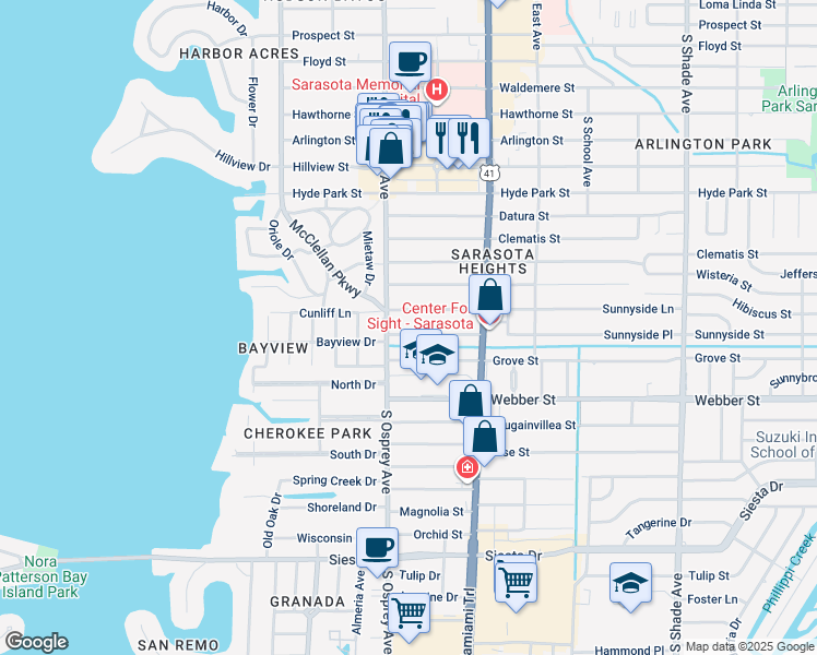 map of restaurants, bars, coffee shops, grocery stores, and more near 1834 Morris Street in Sarasota