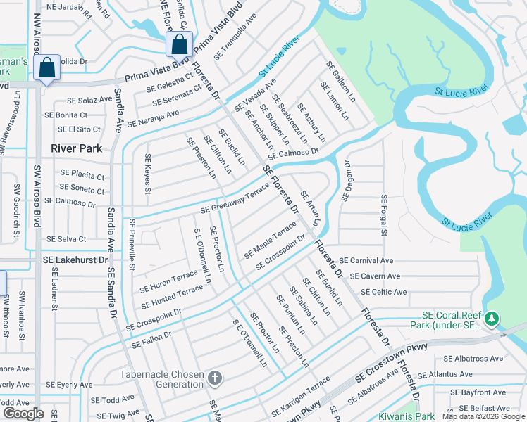 map of restaurants, bars, coffee shops, grocery stores, and more near 555 Southeast Sunnybrook Terrace in Port St. Lucie