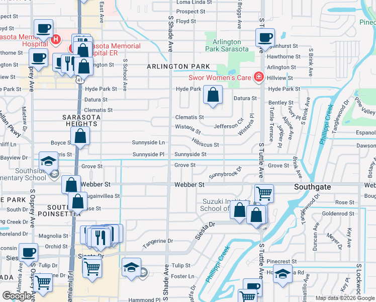 map of restaurants, bars, coffee shops, grocery stores, and more near 2484 Sunnyside Lane in Sarasota
