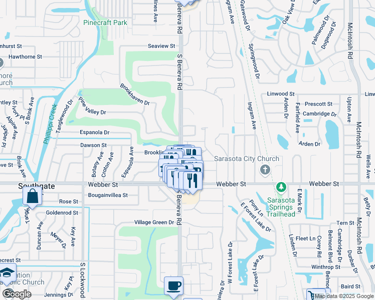 map of restaurants, bars, coffee shops, grocery stores, and more near 5164 Deuce Street in Sarasota
