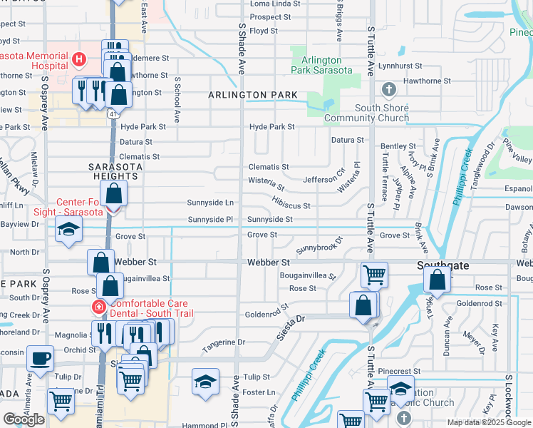 map of restaurants, bars, coffee shops, grocery stores, and more near 2480 Sunnyside Lane in Sarasota