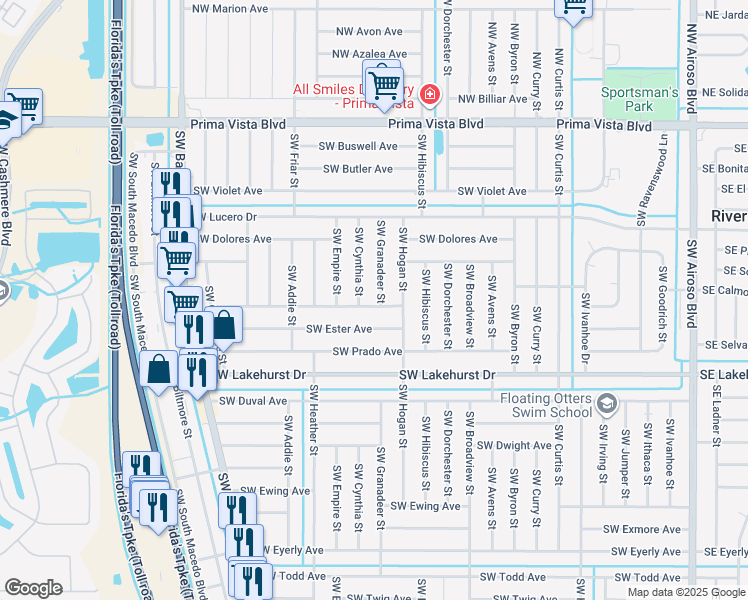 map of restaurants, bars, coffee shops, grocery stores, and more near 558 Southwest Colleen Avenue in Port St. Lucie