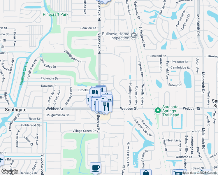 map of restaurants, bars, coffee shops, grocery stores, and more near 2401 South Beneva Road in Sarasota