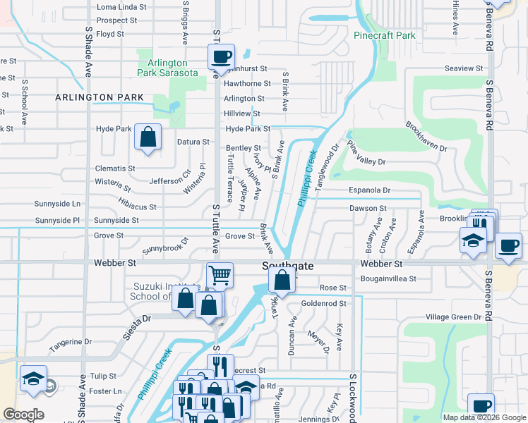map of restaurants, bars, coffee shops, grocery stores, and more near 2510 South Brink Avenue in Sarasota