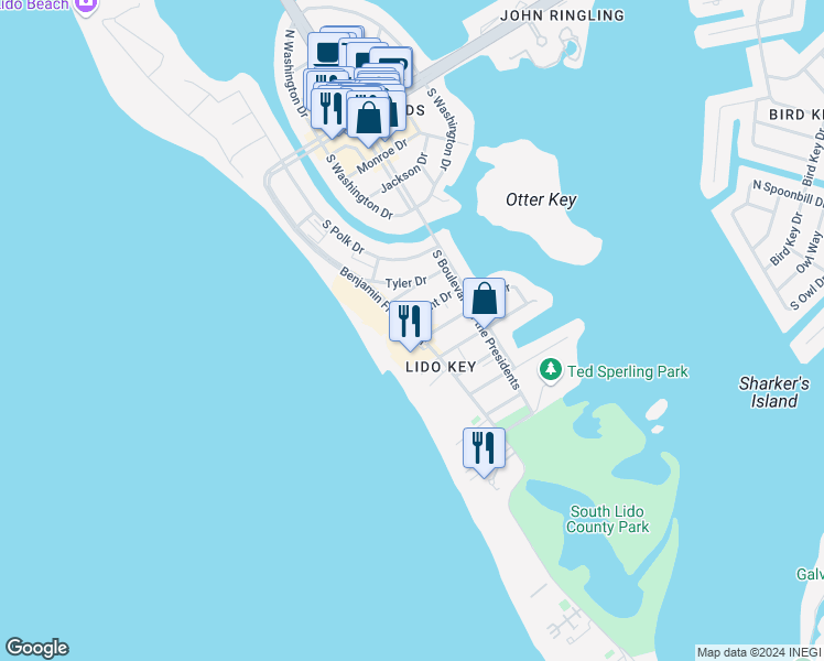 map of restaurants, bars, coffee shops, grocery stores, and more near 604 Benjamin Franklin Drive in Sarasota