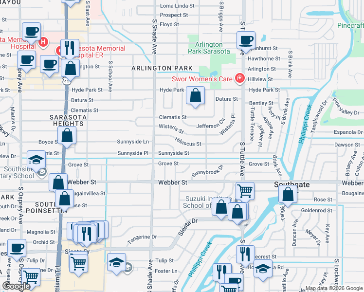 map of restaurants, bars, coffee shops, grocery stores, and more near in Sarasota
