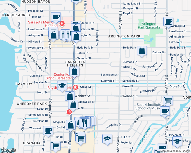 map of restaurants, bars, coffee shops, grocery stores, and more near 2220 Sunnyside Place in Sarasota