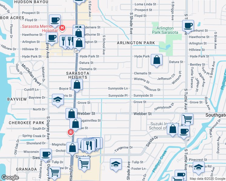 map of restaurants, bars, coffee shops, grocery stores, and more near 2304 Sunnyside Place in Sarasota