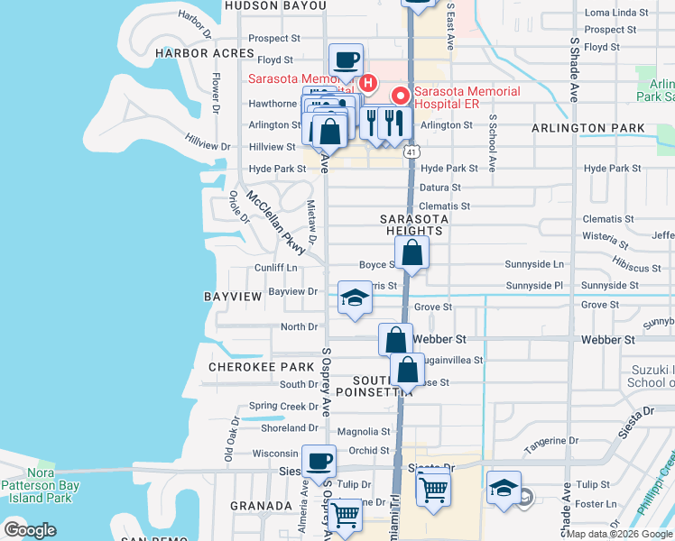 map of restaurants, bars, coffee shops, grocery stores, and more near 1834 Morris Street in Sarasota