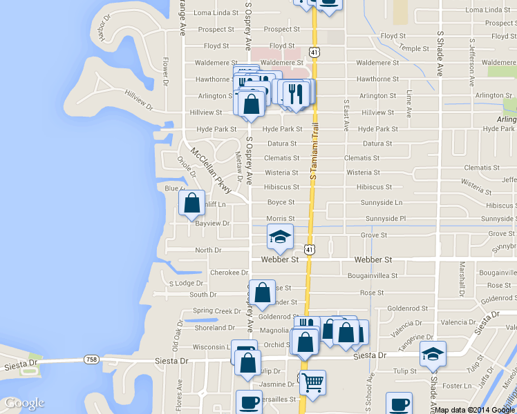 map of restaurants, bars, coffee shops, grocery stores, and more near 1834 Morris Street in Sarasota