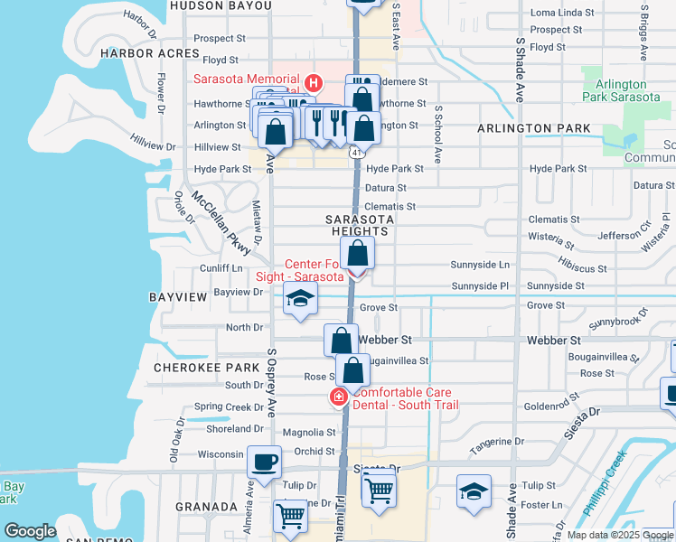 map of restaurants, bars, coffee shops, grocery stores, and more near 2540 South Tamiami Trail in Sarasota