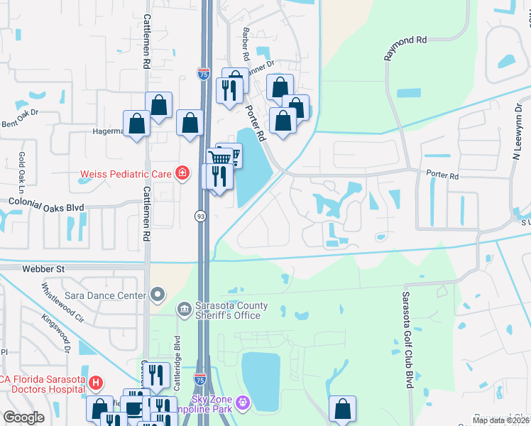 map of restaurants, bars, coffee shops, grocery stores, and more near 2481 Appaloosa Circle in Sarasota