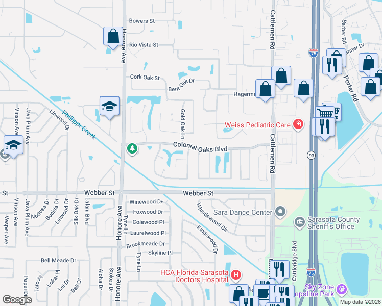map of restaurants, bars, coffee shops, grocery stores, and more near 5591 Colonial Oaks Boulevard in Sarasota