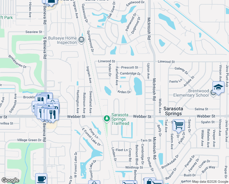 map of restaurants, bars, coffee shops, grocery stores, and more near 2341 Arden Drive in Sarasota