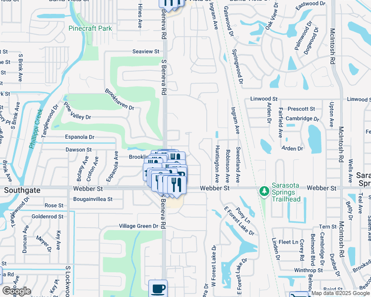 map of restaurants, bars, coffee shops, grocery stores, and more near 5019 Course Drive in Sarasota