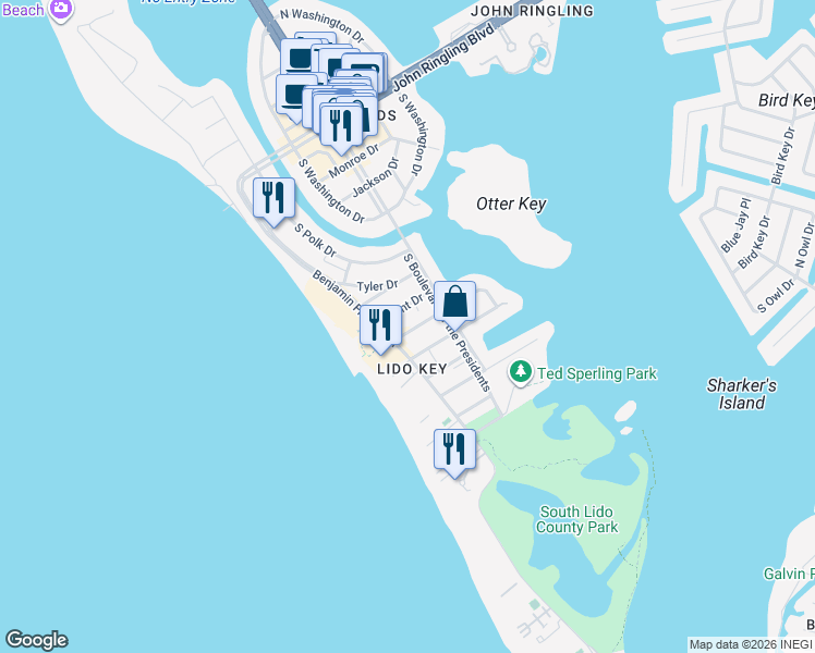 map of restaurants, bars, coffee shops, grocery stores, and more near 614 South Boulevard of the Presidents in Sarasota