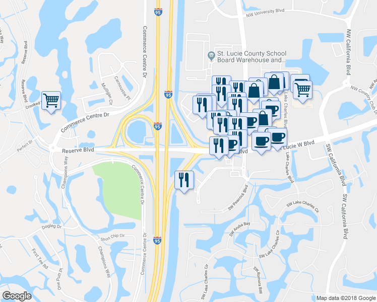 map of restaurants, bars, coffee shops, grocery stores, and more near Saint Lucie West Boulevard & Southwest Saint Lucie West Boulevard in Port Saint Lucie