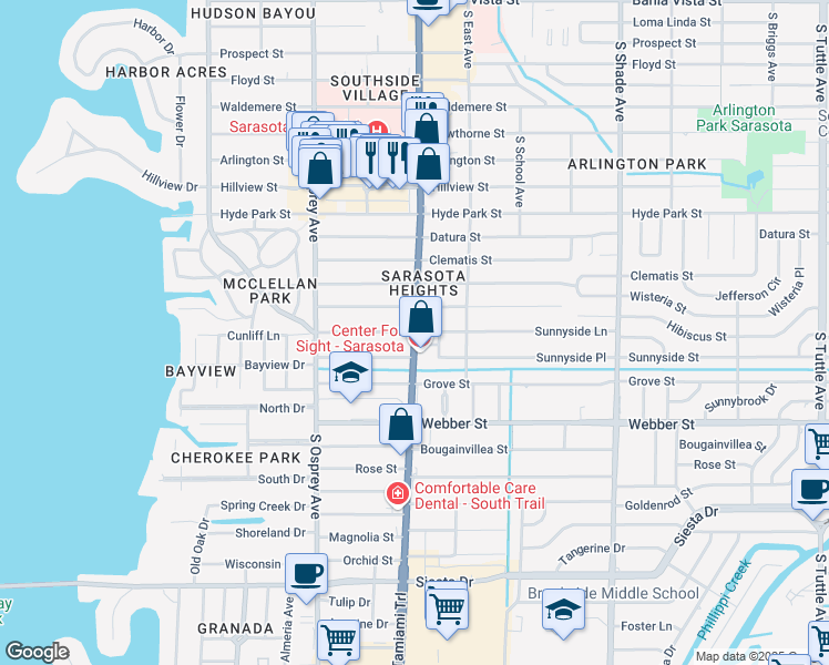 map of restaurants, bars, coffee shops, grocery stores, and more near South Tamiami Trail in Sarasota