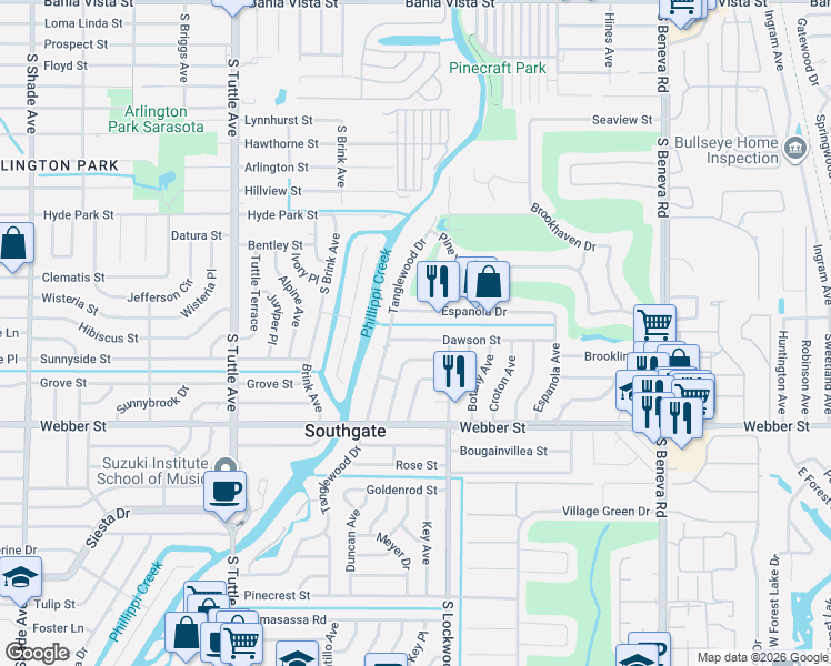 map of restaurants, bars, coffee shops, grocery stores, and more near 3122 Espanola Drive in Sarasota