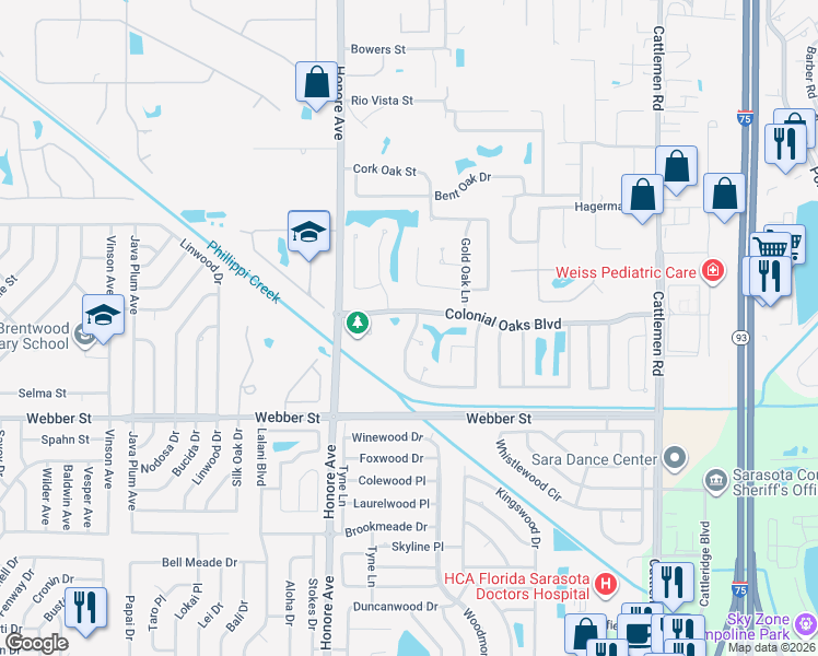 map of restaurants, bars, coffee shops, grocery stores, and more near 2588 Wood Oak Drive in Sarasota