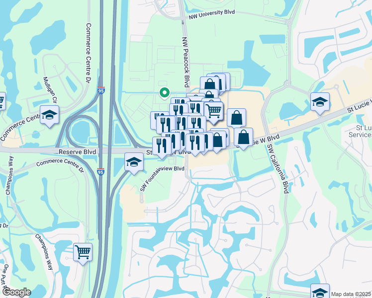 map of restaurants, bars, coffee shops, grocery stores, and more near Saint Lucie West Boulevard & Northwest Peacock Boulevard in Port Saint Lucie