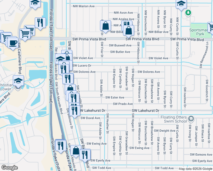 map of restaurants, bars, coffee shops, grocery stores, and more near 694 Southwest Heather Street in Port St. Lucie