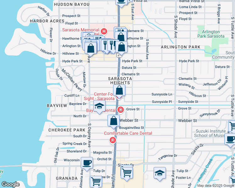 map of restaurants, bars, coffee shops, grocery stores, and more near 2426-2598 South Tamiami Trail in Sarasota