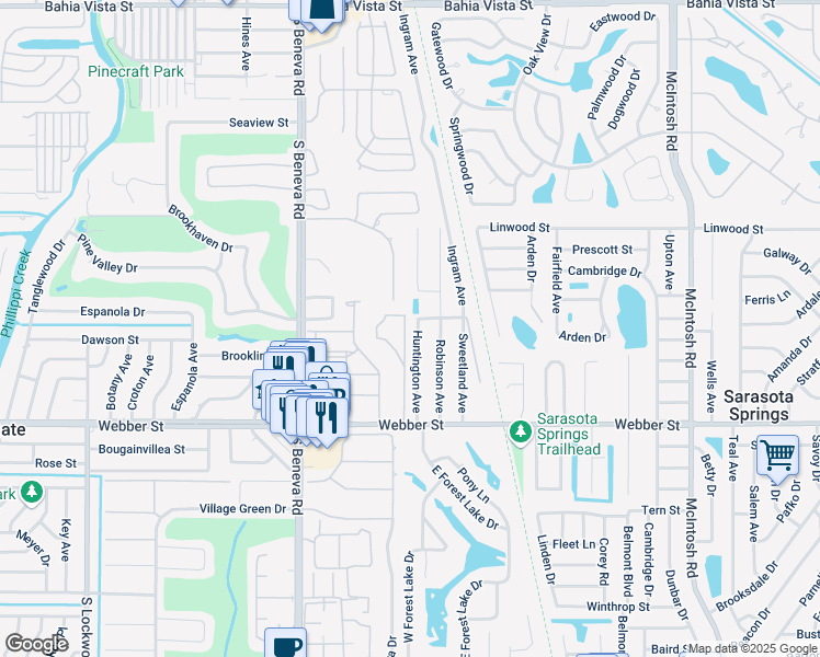 map of restaurants, bars, coffee shops, grocery stores, and more near 3807 Hibiscus Street in Sarasota