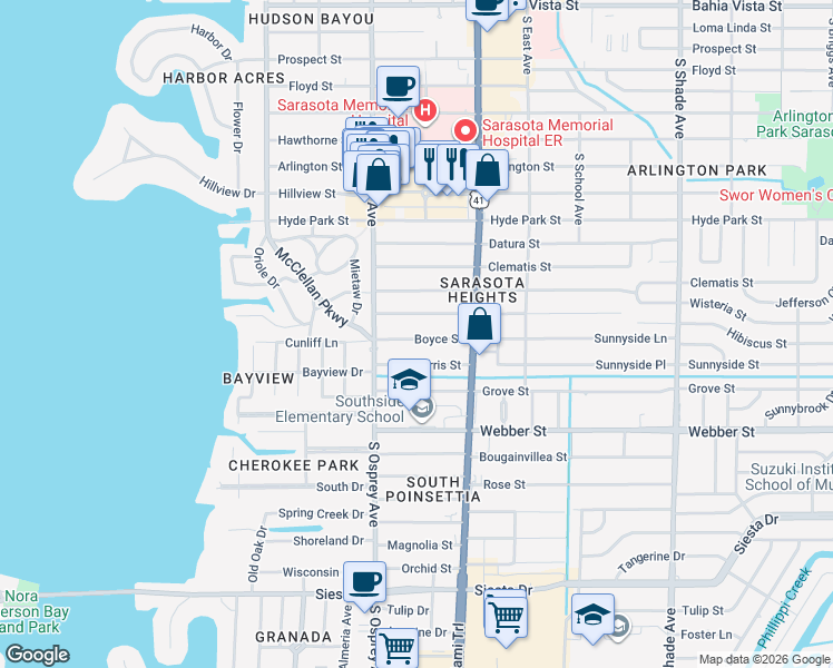 map of restaurants, bars, coffee shops, grocery stores, and more near 1912 Hibiscus Street in Sarasota