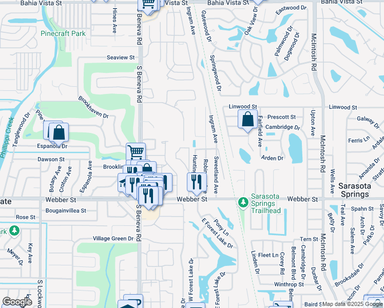 map of restaurants, bars, coffee shops, grocery stores, and more near 3807 Hibiscus Street in Sarasota