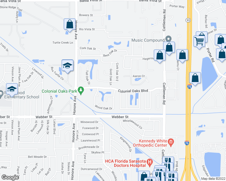 map of restaurants, bars, coffee shops, grocery stores, and more near 5556 Colonial Oaks Boulevard in Sarasota