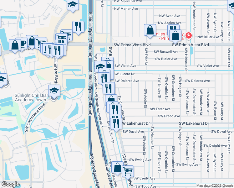 map of restaurants, bars, coffee shops, grocery stores, and more near 700 Southwest Carmelite Street in Port St. Lucie