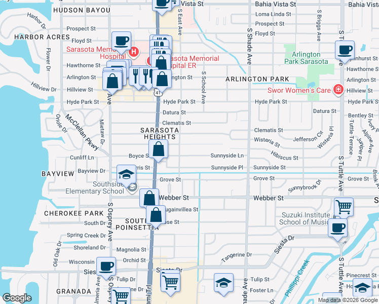 map of restaurants, bars, coffee shops, grocery stores, and more near 2136 Hibiscus Street in Sarasota