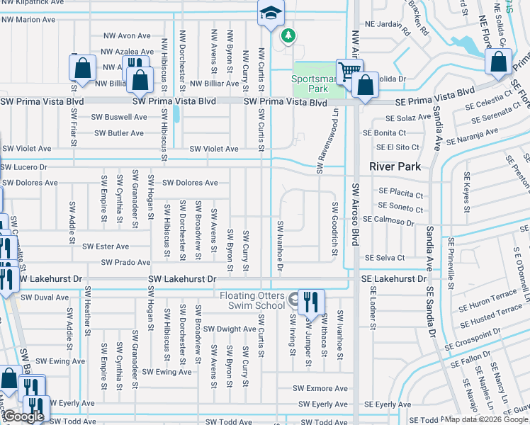 map of restaurants, bars, coffee shops, grocery stores, and more near 797 Southwest Curtis Street in Port St. Lucie