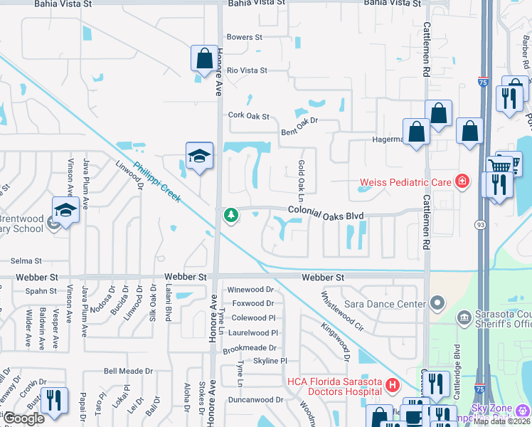 map of restaurants, bars, coffee shops, grocery stores, and more near 2588 Wood Oak Drive in Sarasota