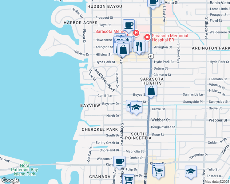 map of restaurants, bars, coffee shops, grocery stores, and more near 2400 McClellan Parkway in Sarasota