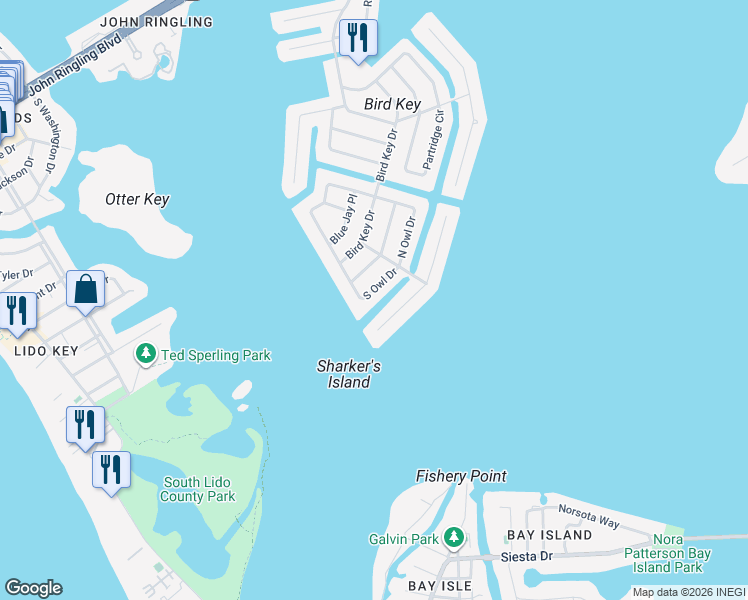 map of restaurants, bars, coffee shops, grocery stores, and more near 634 South Owl Drive in Sarasota