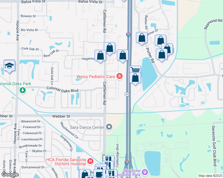 map of restaurants, bars, coffee shops, grocery stores, and more near 2513 Cattlemen Road in Sarasota