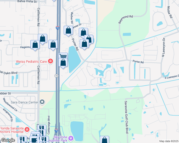 map of restaurants, bars, coffee shops, grocery stores, and more near 2348 Seattle Slew Drive in Sarasota