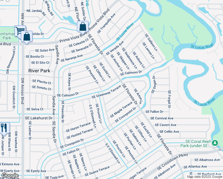 map of restaurants, bars, coffee shops, grocery stores, and more near 543 Southeast Greenway Terrace in Port St. Lucie