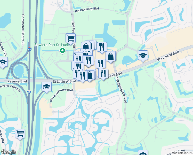 map of restaurants, bars, coffee shops, grocery stores, and more near St Lucie W Blvd & Lake Charles Blvd in Port St. Lucie