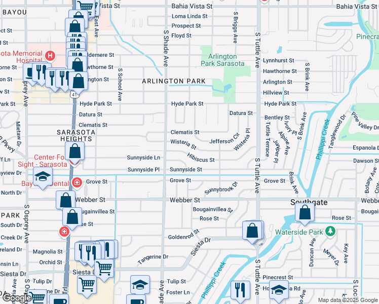 map of restaurants, bars, coffee shops, grocery stores, and more near 2496 Wisteria Street in Sarasota